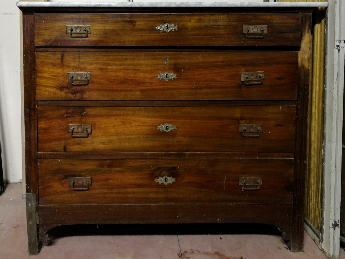 Como cassettiera in noce massello  4 cassetti piano in marmo bianco e grigio Italia  1930 da restaurare