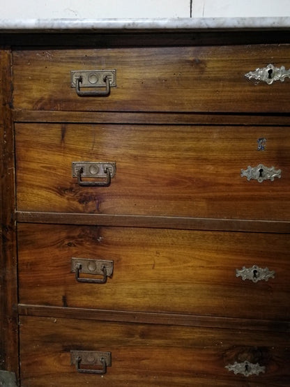 Como cassettiera in noce massello  4 cassetti piano in marmo bianco e grigio Italia  1930 da restaurare