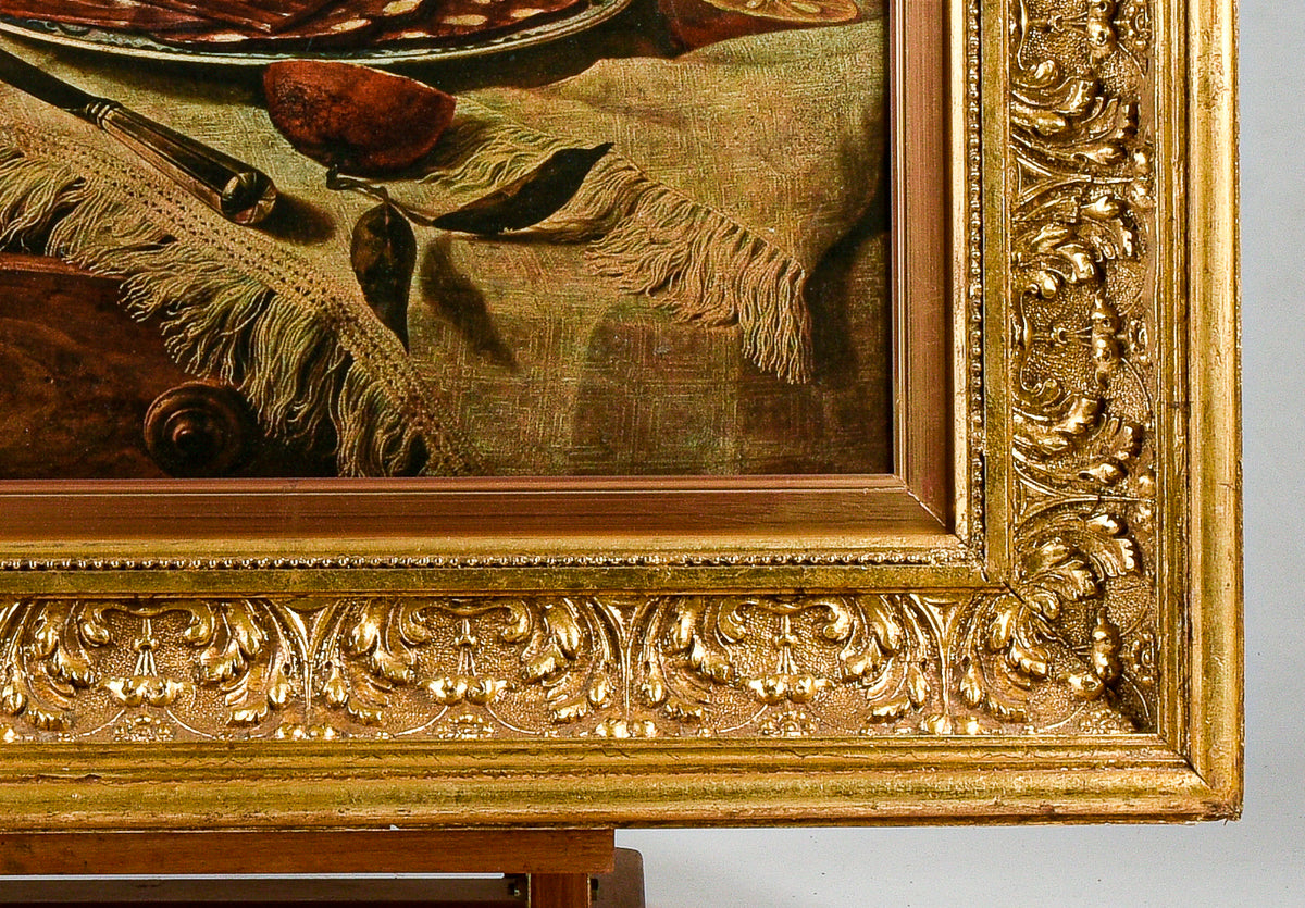 Cornice dorata in pastiglia con stampa di banchetto, natura morta Italia 1980