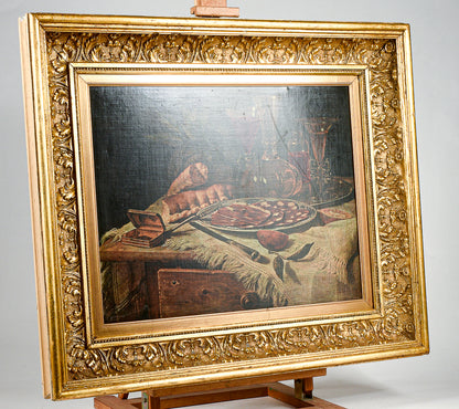 Cornice dorata in pastiglia con stampa di banchetto, natura morta Italia 1980