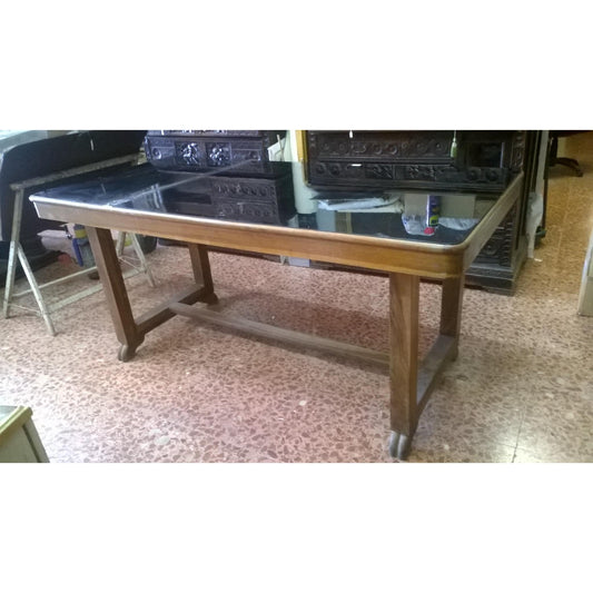 Tavolo da pranzo anni 1940 con piano in vetro nero