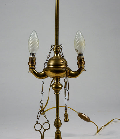 Lampada lume lucerna due luci ad olio in ottone con impianto luce elettrico elettrificata funzionante con decori serpente