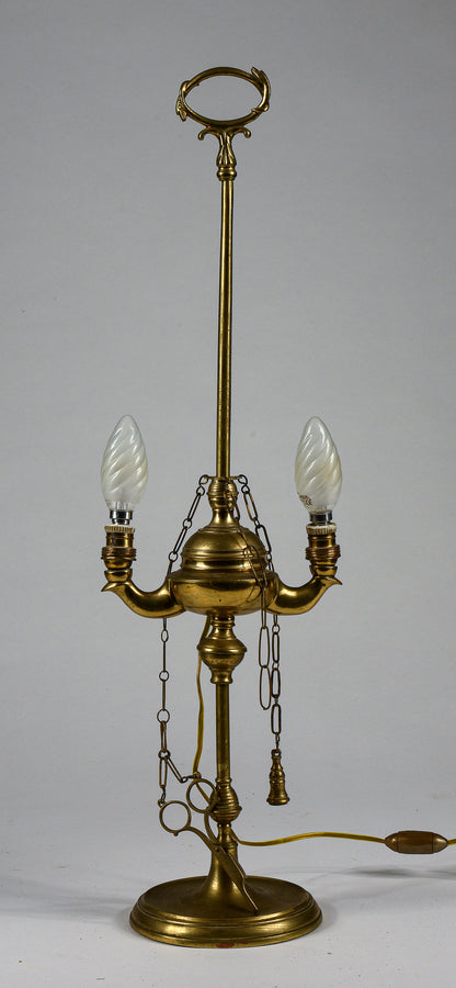 Lampada lume lucerna due luci ad olio in ottone con impianto luce elettrico elettrificata funzionante con decori serpente