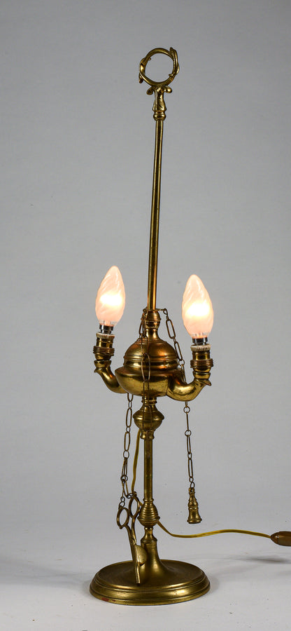 Lampada lume lucerna due luci ad olio in ottone con impianto luce elettrico elettrificata funzionante con decori serpente