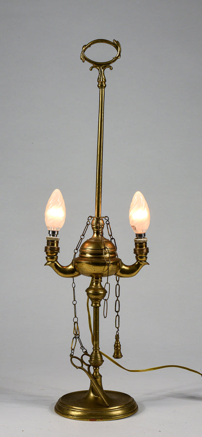 Lampada lume lucerna due luci ad olio in ottone con impianto luce elettrico elettrificata funzionante con decori serpente