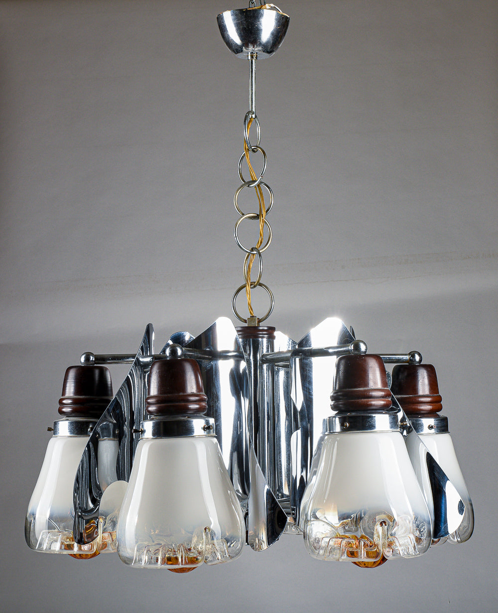 Lampadario Mazzega Murano space age anni 60 70 acciaio vetro soffiato e legno
