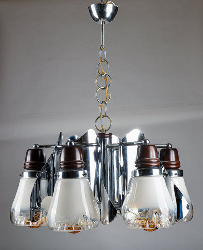 Lampadario Mazzega Murano space age anni 60 70 acciaio vetro soffiato e legno