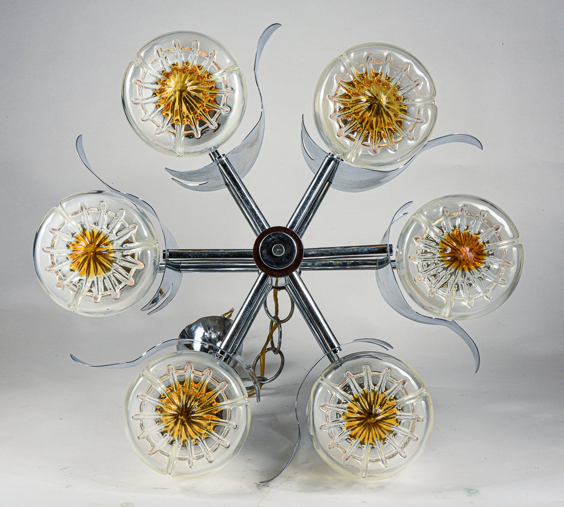 Lampadario Mazzega Murano space age anni 60 70 acciaio vetro soffiato e legno