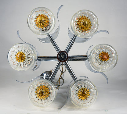 Lampadario Mazzega Murano space age anni 60 70 acciaio vetro soffiato e legno
