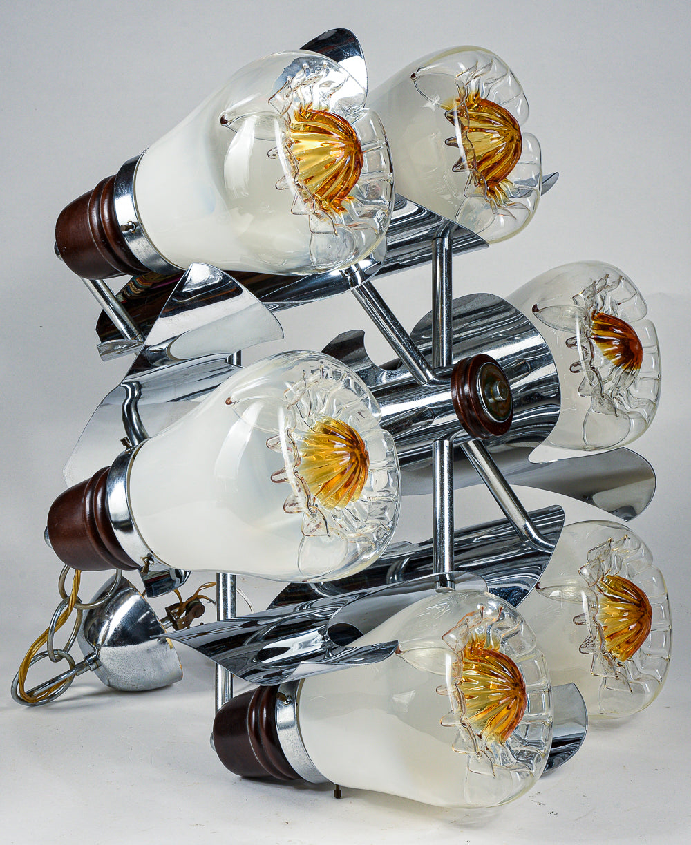 Lampadario Mazzega Murano space age anni 60 70 acciaio vetro soffiato e legno
