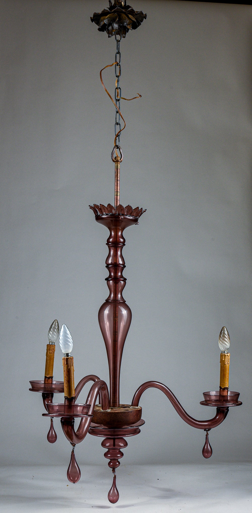 Lampadario Murano viola vetro 3 luci originale Italia  1930