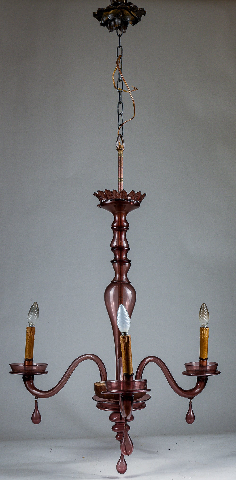 Lampadario Murano viola vetro 3 luci originale Italia  1930