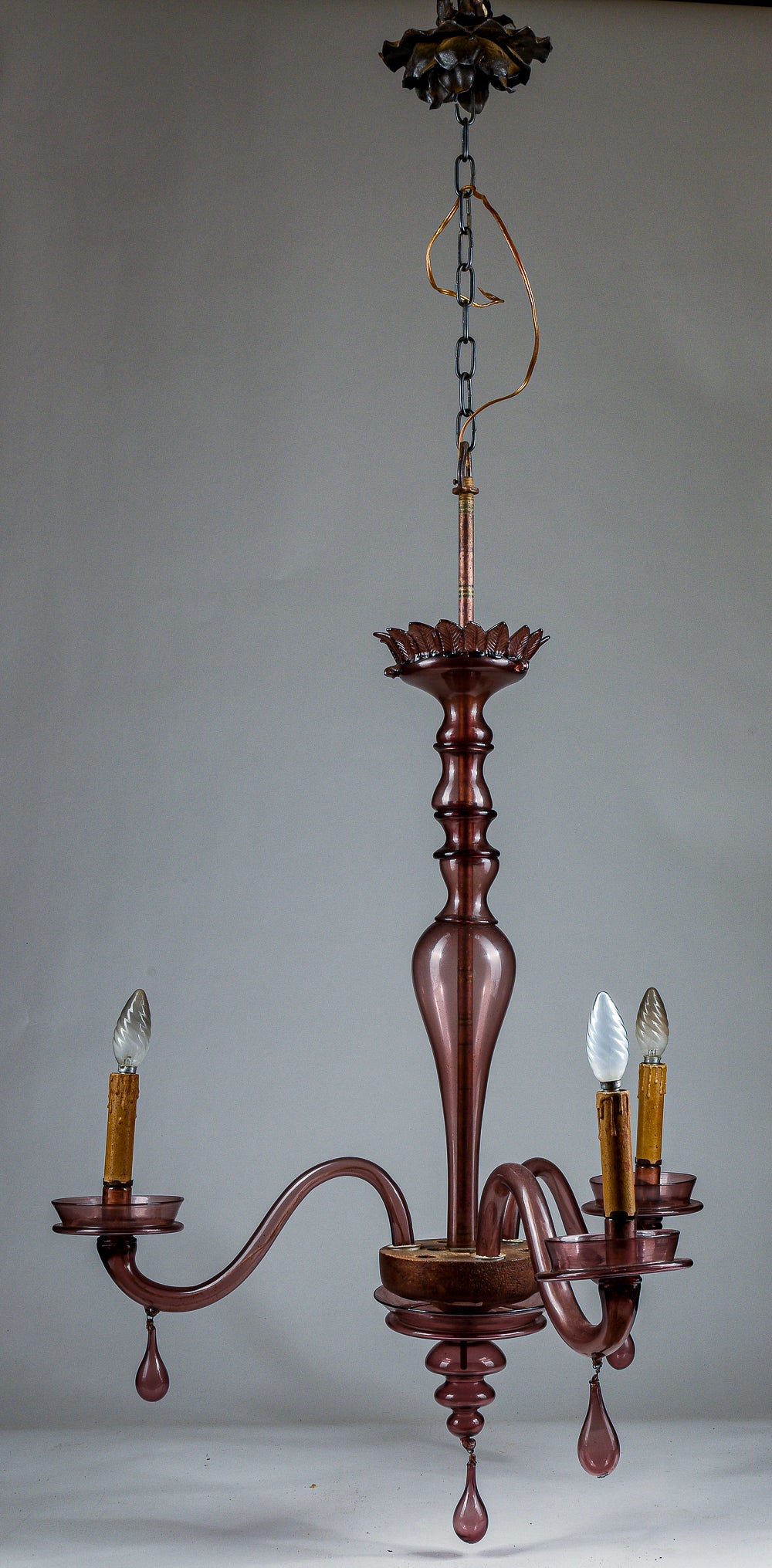 Lampadario Murano viola vetro 3 luci originale Italia  1930