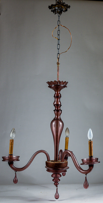 Lampadario Murano viola vetro 3 luci originale Italia  1930
