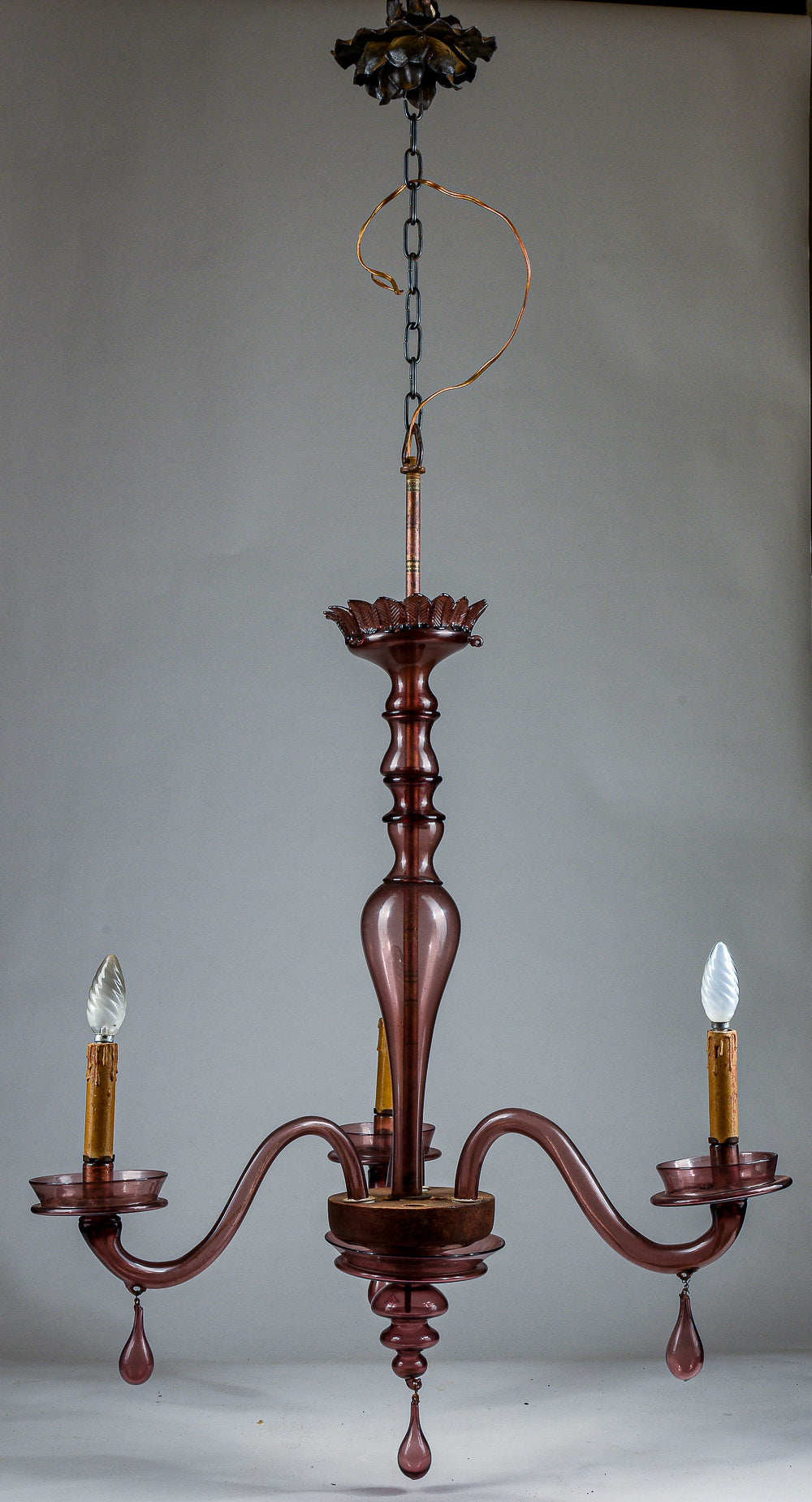 Lampadario Murano viola vetro 3 luci originale Italia  1930