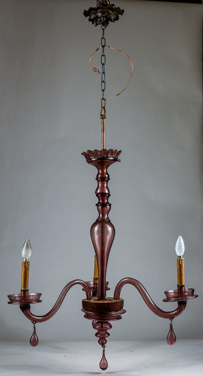 Lampadario Murano viola vetro 3 luci originale Italia  1930