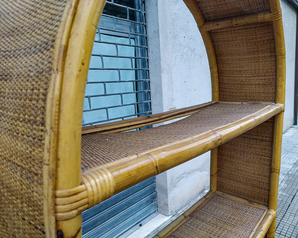 Libreria credenza in bamboo e rafia anni 70