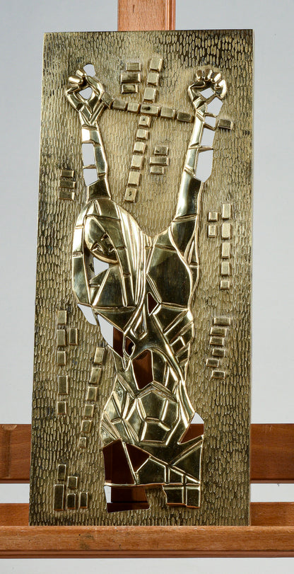 Placca in ottone raffigurante Gesù Cristo in croce design moderno anni 70 Fraser