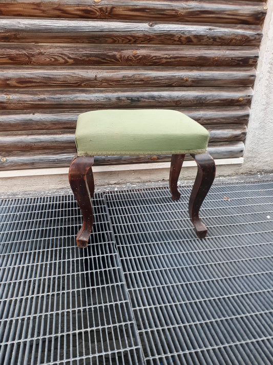 Pouf sgabello in legno e tessuto verde Italia 1950