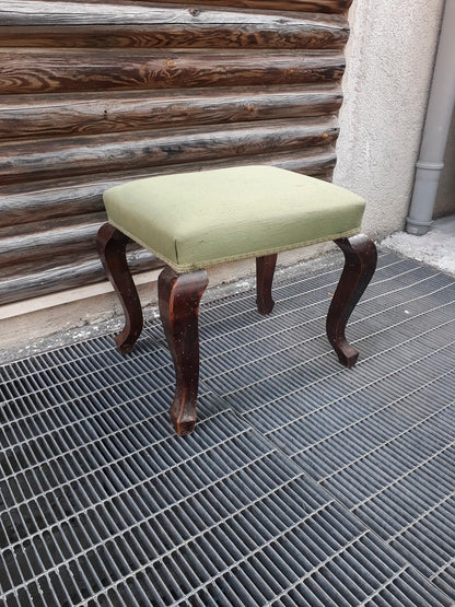 Pouf sgabello in legno e tessuto verde Italia 1950
