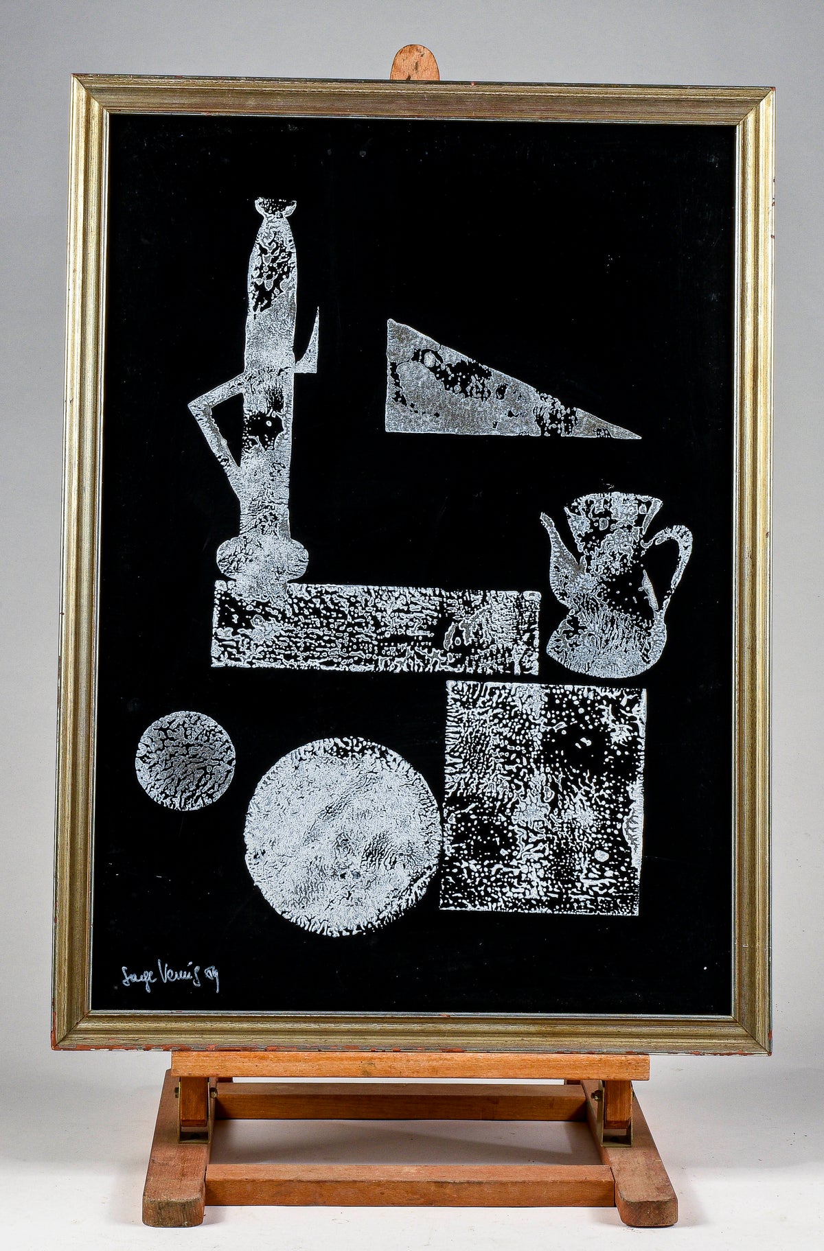 Quadro astratto  dipinto su  cartoncino nero lucido e tinta bianca  Italia 1969