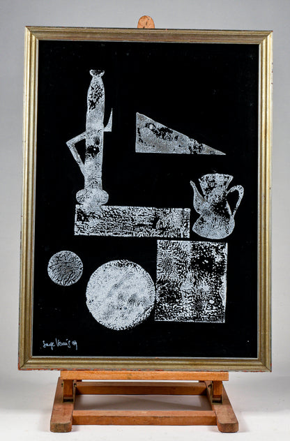 Quadro astratto  dipinto su  cartoncino nero lucido e tinta bianca  Italia 1969