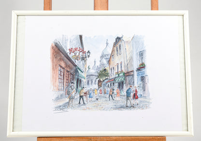 Quadro acquarello opera francese 1958 veduta di  vita quotidiana