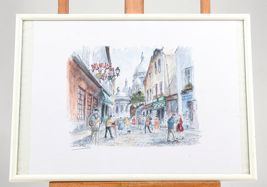 Quadro acquarello opera francese 1958 veduta di  vita quotidiana