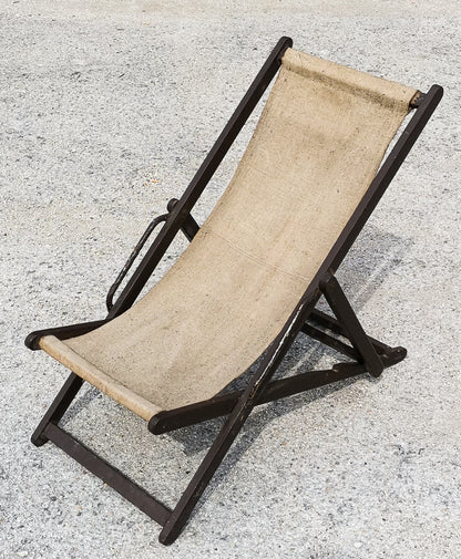 Sedia sdraio da mare o giardino in tessuto di cotone ecru originale vintage Italia 1960