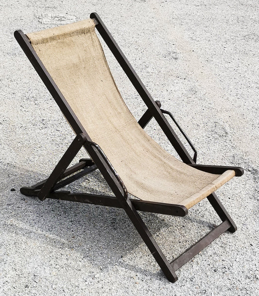 Sedia sdraio da mare o giardino in tessuto di cotone ecru originale vintage Italia 1960