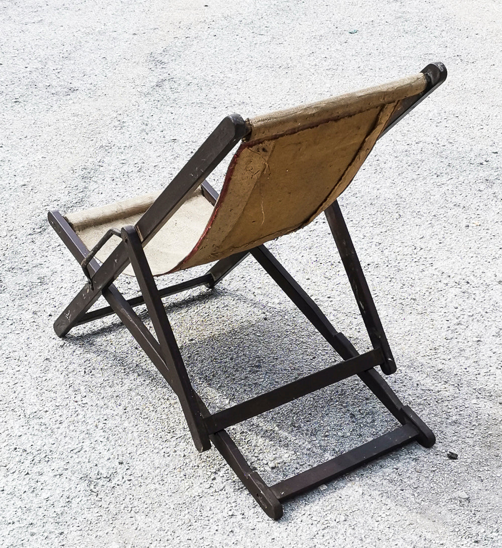 Sedia sdraio da mare o giardino in tessuto di cotone ecru originale vintage Italia 1960