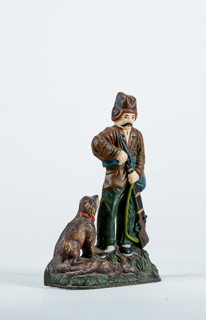 Statua scena di caccia cacciatore cane coniglio in ghisa dipinta