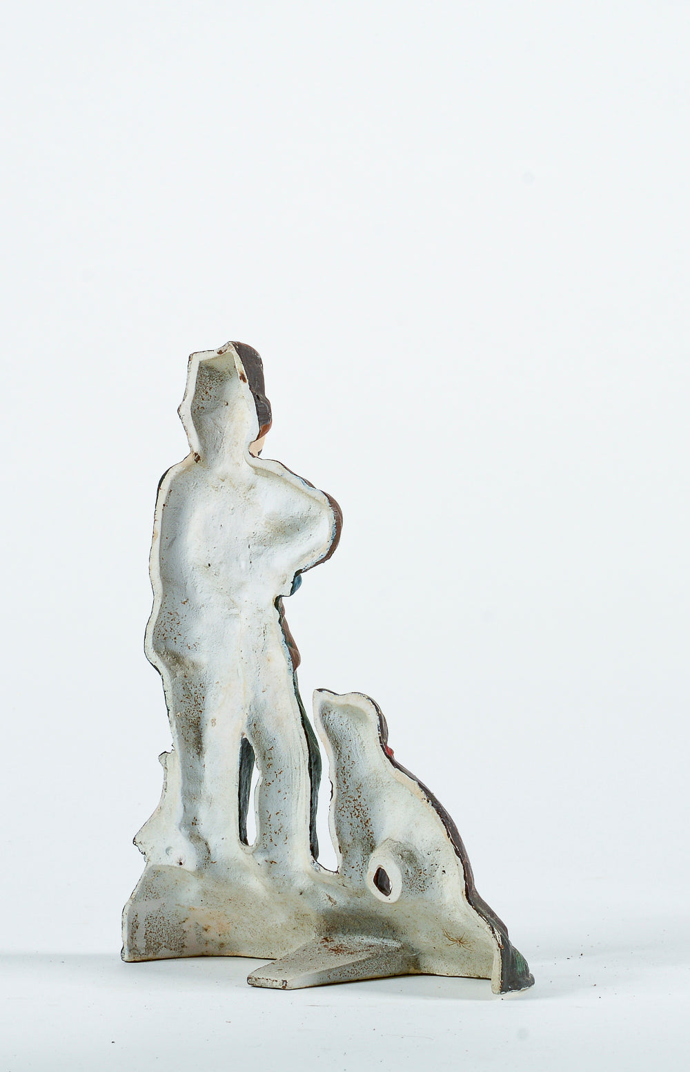 Statua scena di caccia cacciatore cane coniglio in ghisa dipinta