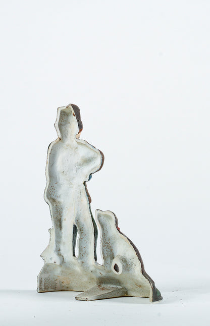 Statua scena di caccia cacciatore cane coniglio in ghisa dipinta