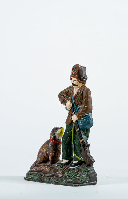 Statua scena di caccia cacciatore cane coniglio in ghisa dipinta