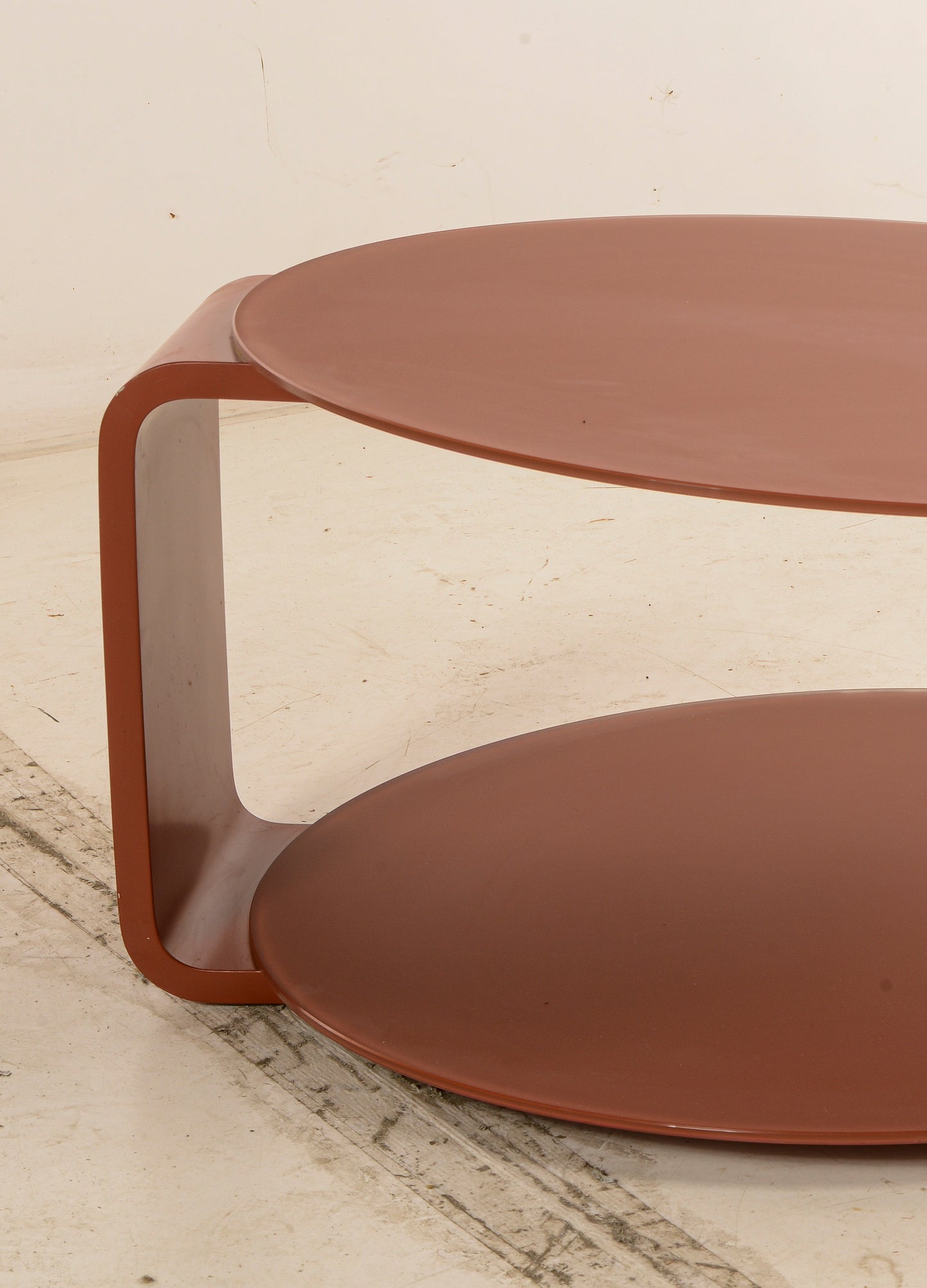 tavolino da caffe rotondo vintage legno e vetro rosso