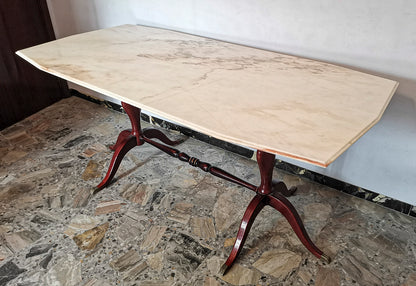 Tavolo base in legno verniciato rosso lucido e puntali in ottone piano   in marmo  Italia 1960
