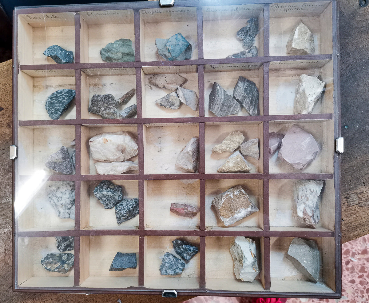 Gruppo di 4 teche  per scuola contenenti  minerali anni primi 900
