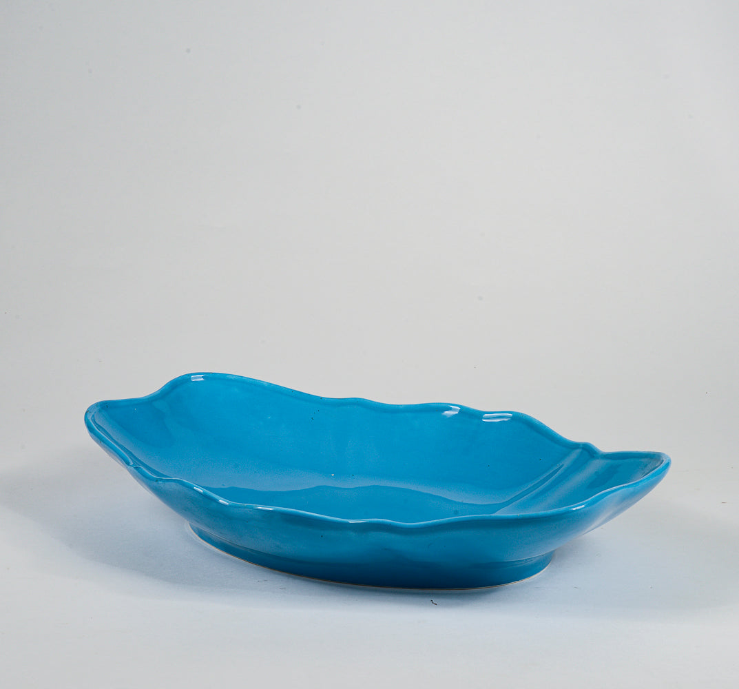 Vassoio piatto in ceramica smaltato azzurro 1960