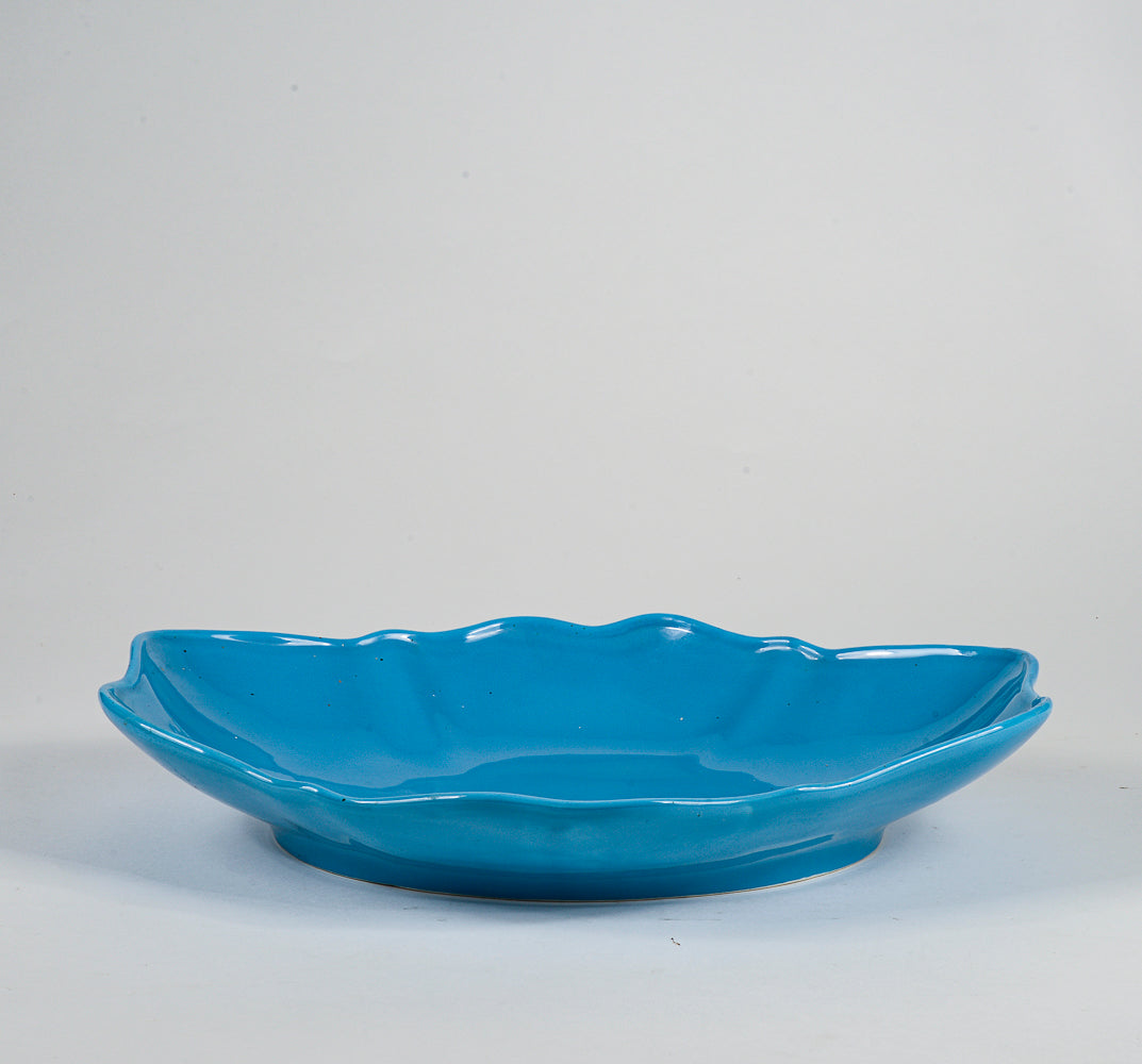 Vassoio piatto in ceramica smaltato azzurro 1960